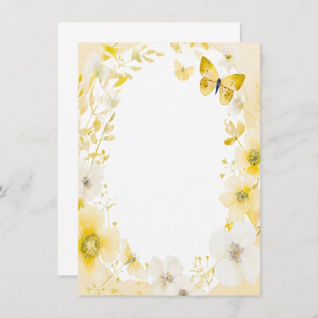 Yellow flowers and butterflies blank wedding invitation (Front/Back)