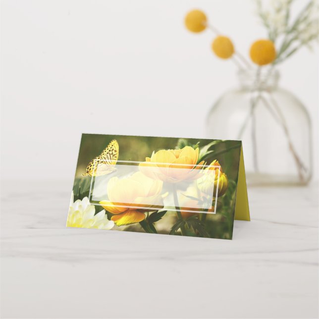 Yellow Flowers and Butterfly Wedding Place Card (Front)