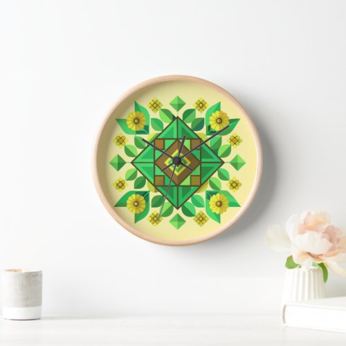 Yellow Flowers and Geometric Shapes Clock