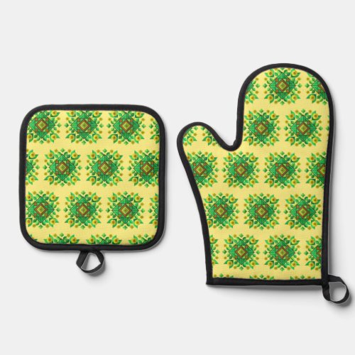 Yellow Flowers and Geometric Shapes Oven Mitt  Pot Holder Set