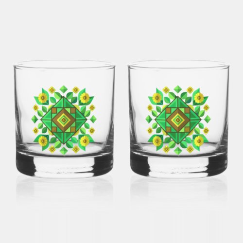 Yellow Flowers and Geometric Shapes Whiskey Glass