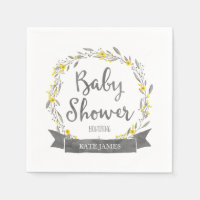 Yellow Flowers and Grey Leaves Wreath Baby Shower Paper Napkin