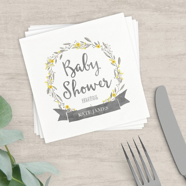 Yellow Flowers and Grey Leaves Wreath Baby Shower Paper Napkins (Creator Uploaded)