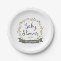Yellow Flowers and Grey Leaves Wreath Baby Shower Paper Plate