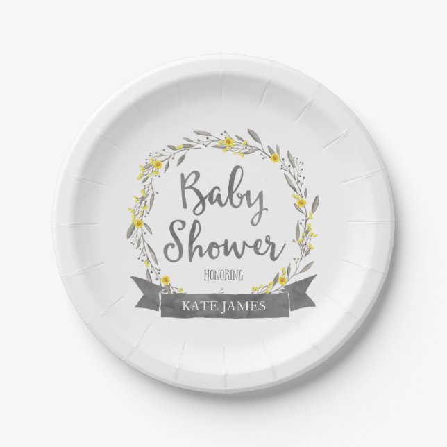Yellow Flowers and Grey Leaves Wreath Baby Shower Paper Plates (Front)