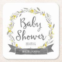 Yellow Flowers and Grey Leaves Wreath Baby Shower Square Paper Coaster
