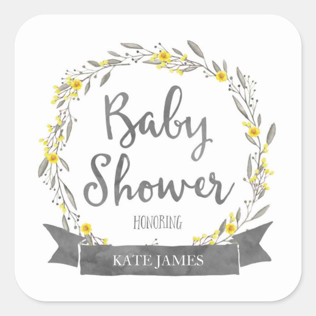 Yellow Flowers and Grey Leaves Wreath Baby Shower Square Sticker (Front)