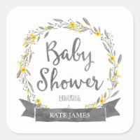 Yellow Flowers and Grey Leaves Wreath Baby Shower Square Sticker