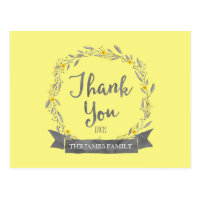 Yellow Flowers and Grey Leaves Wreath Thank You Postcard