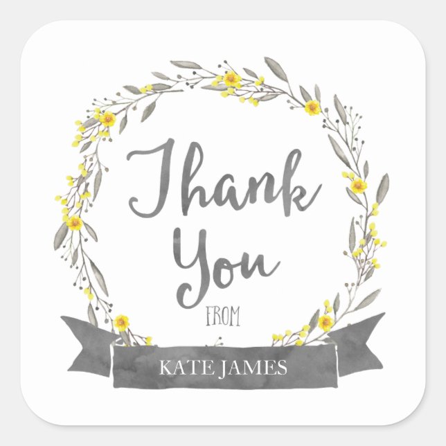 Yellow Flowers and Grey Leaves Wreath Thank You Square Sticker (Front)