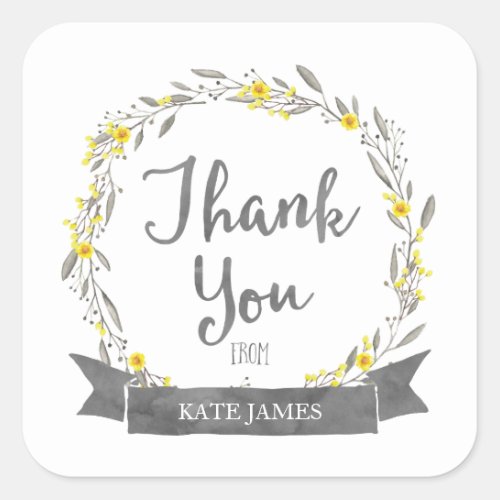 Yellow Flowers and Grey Leaves Wreath Thank You Square Sticker