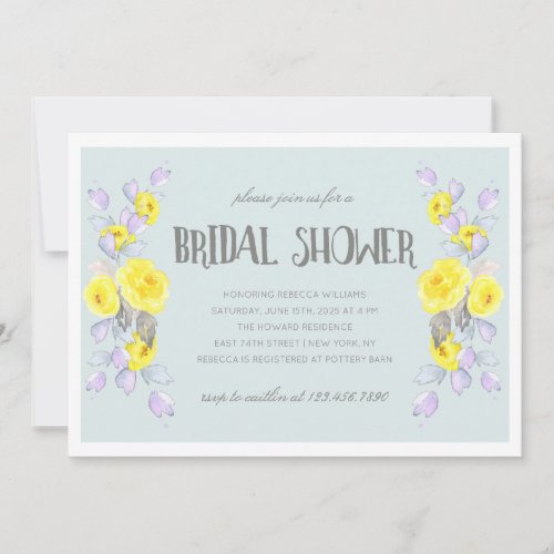 Yellow flowers and lilac foliage bridal shower invitation