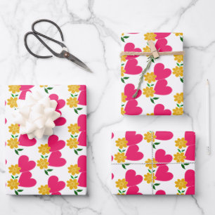 Yellow Flowers and Pink Hearts Wrapping Paper Sheets