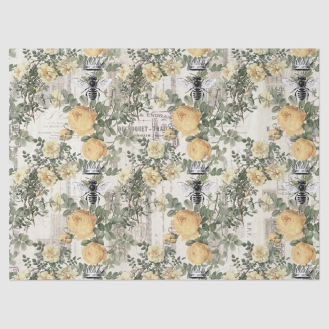 Yellow Flowers and Queen Bee Decoupage Tissue Paper (Front)