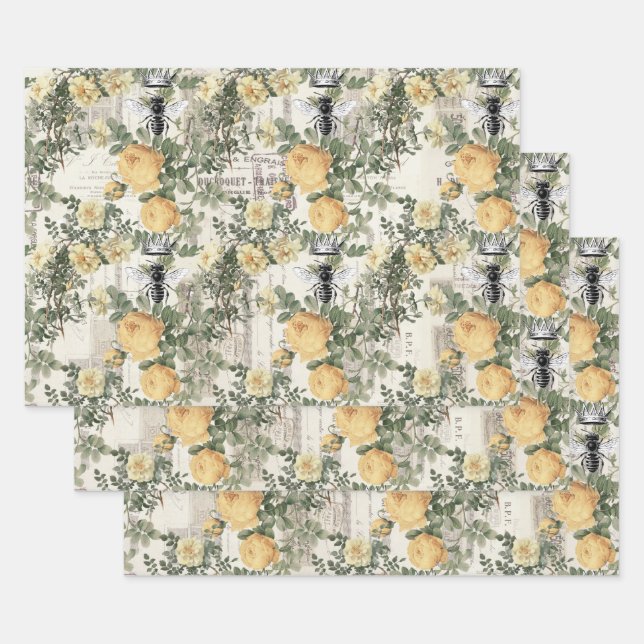 Yellow Flowers and Queen Bee Wrapping Paper Sheets (Set)