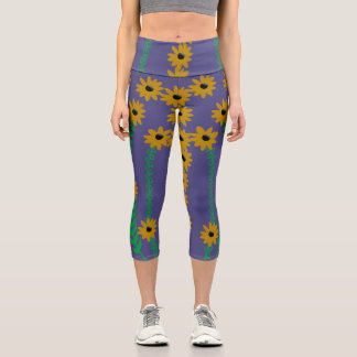 Yellow Flowers and Stalks Capri Leggings