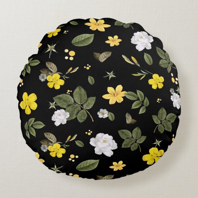Yellow Flowers and White Roses 2 Round Pillow (Front)
