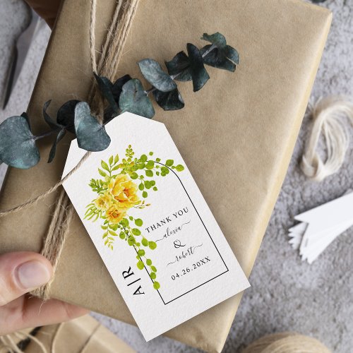 Yellow flowers arch and monogram fall wedding gift tags