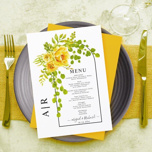 Yellow flowers, arch and monogram fall wedding menu (Creator Uploaded)