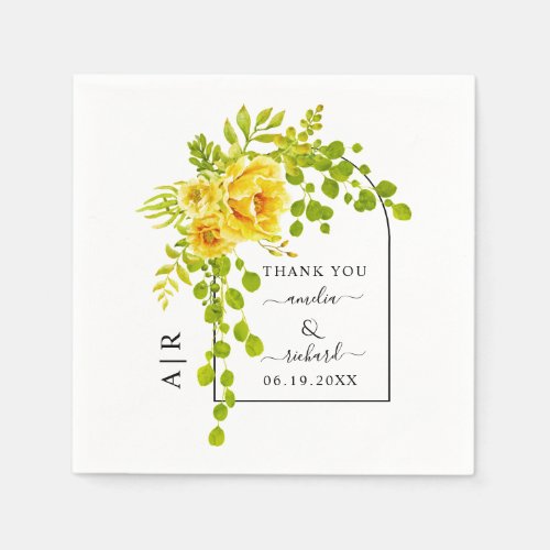Yellow flowers arch and monogram fall wedding napkins