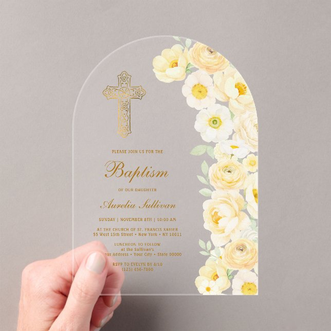 Yellow Flowers Arch Baptism Acrylic Invitations (Insitu (Handheld))