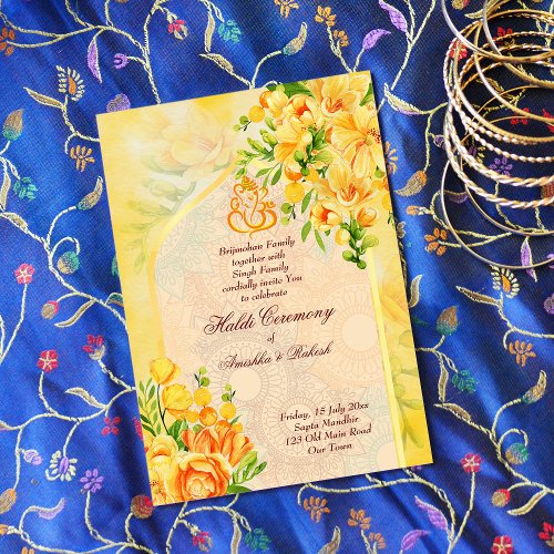 Yellow flowers arch Ganesha Haldi invitation 