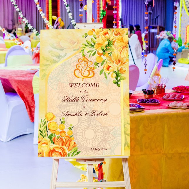 Yellow flowers arch Ganesha Haldi welcome sign (Creator Uploaded)