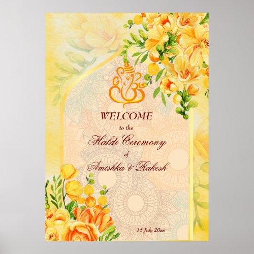 Yellow flowers arch Ganesha Haldi welcome sign
