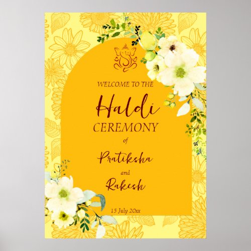 Yellow flowers arch Haldi welcome sign