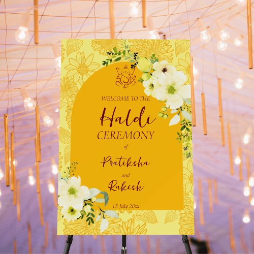 Yellow flowers arch Haldi welcome sign