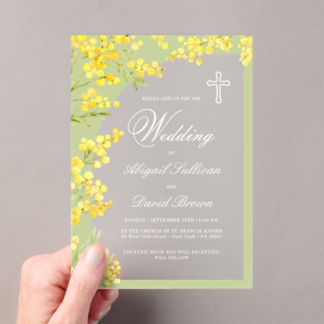 Yellow Flowers Arch on Green Religious Wedding Acrylic Invitations (Insitu (Handheld))