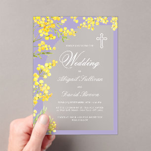Yellow Flowers Arch on Lavender Religious Wedding Acrylic Invitations
