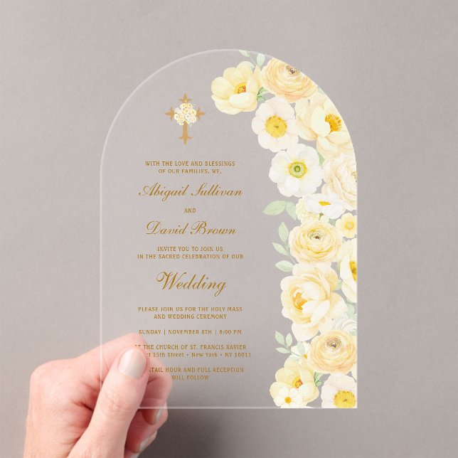Yellow Flowers Arch Religious Wedding Acrylic Invitations (Insitu (Handheld))