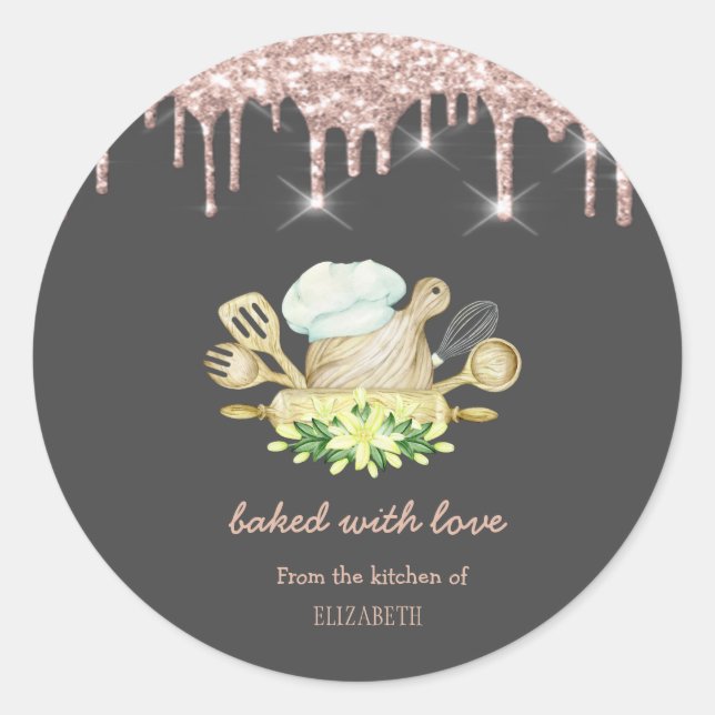 Yellow Flowers Bakery Tools Rose Gold Drips  Classic Round Sticker (Front)