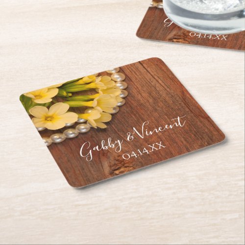 Yellow Flowers Barn Wood Pearls Country Wedding Square Paper Coaster