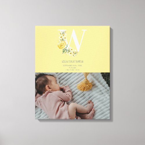 Yellow Flowers Birth Stats Birth Announcement Canvas Print