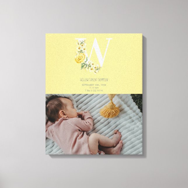 Yellow Flowers Birth Stats Birth Announcement Canvas Print (Front)