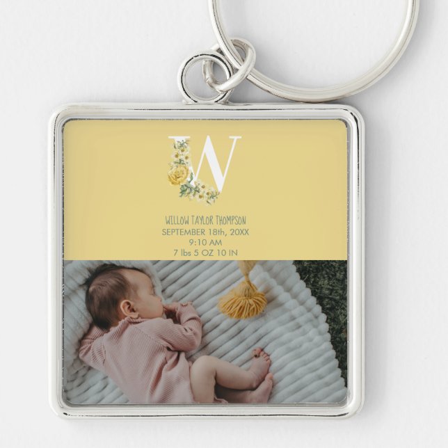 Yellow Flowers Birth Stats Birth Announcement Keychain (Front)
