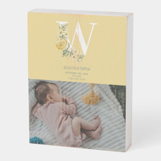 Yellow Flowers Birth Stats Birth Announcement  Wooden Box Sign (Angled Vertical)