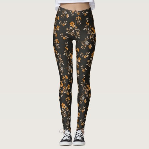 Yellow Flowers Black Floral Cottage Core Style  Leggings