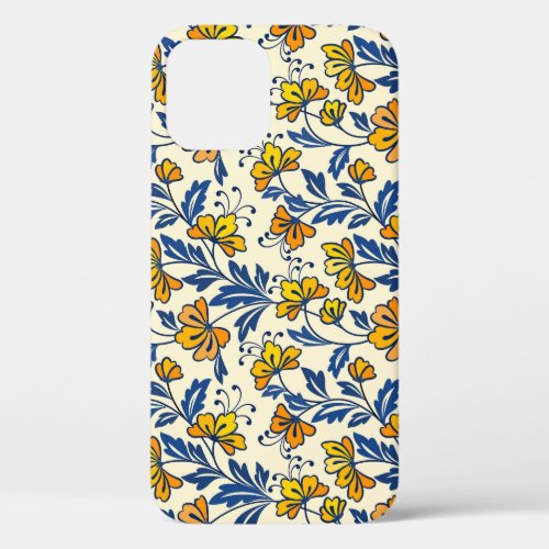 Yellow flowers blue leaves seamless design iPhone 12 case