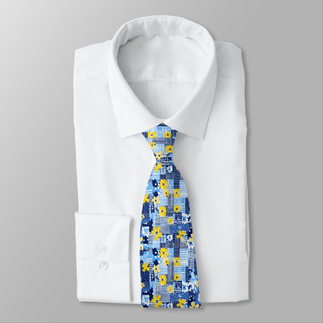 Yellow Flowers Blue Pattern Neck Tie (Tied)