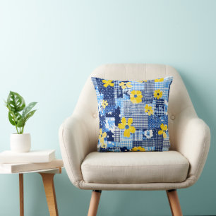 Yellow Flowers Blue Pattern Throw Pillow