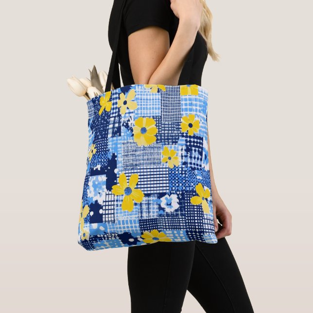 Yellow Flowers Blue Pattern Tote Bag (Close Up)