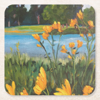 Yellow Flowers Blue Water Green Trees Landscape Square Paper Coaster