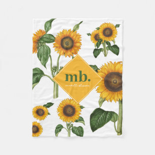 Yellow Flowers Botanical Foliage Greenery Monogram Fleece Blanket