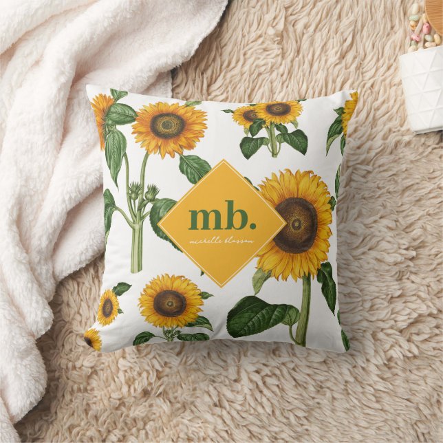 Yellow Flowers Botanical Foliage Greenery Monogram Throw Pillow (Blanket)
