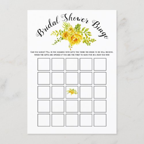 Yellow flowers bridal shower bingo game card