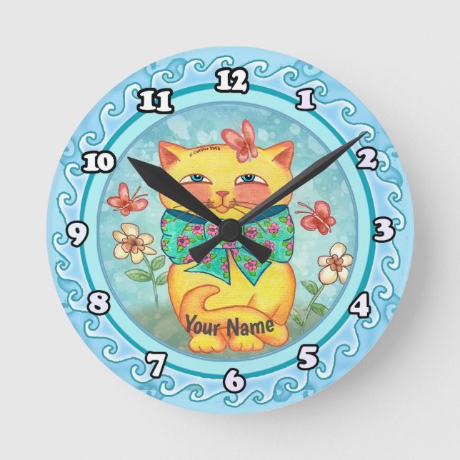 Yellow Flowers cat Round Clock (Front)