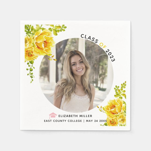 Yellow flowers Class of 2022 graduation photo Napkins (Front)
